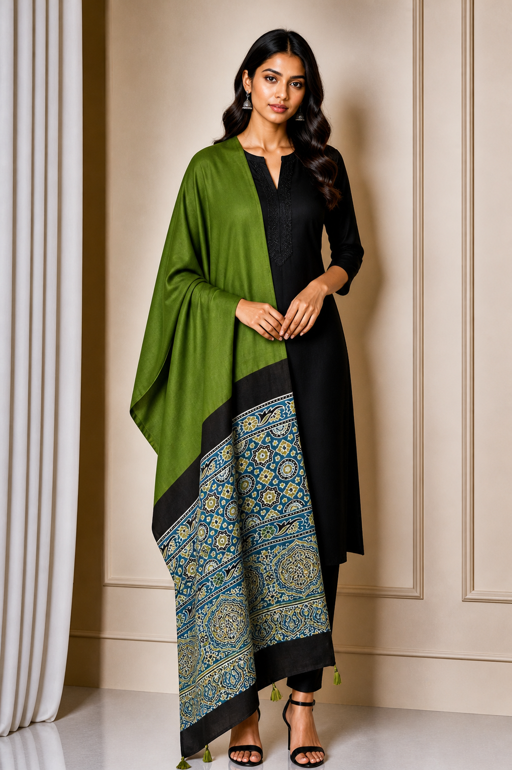 Ajrakh Modal Silk Part Natural Dye Half Plain Dyeing Hand Block Print Dupatta with Tassels - 2.5 Mtr Length    -  SKU : AI20104G