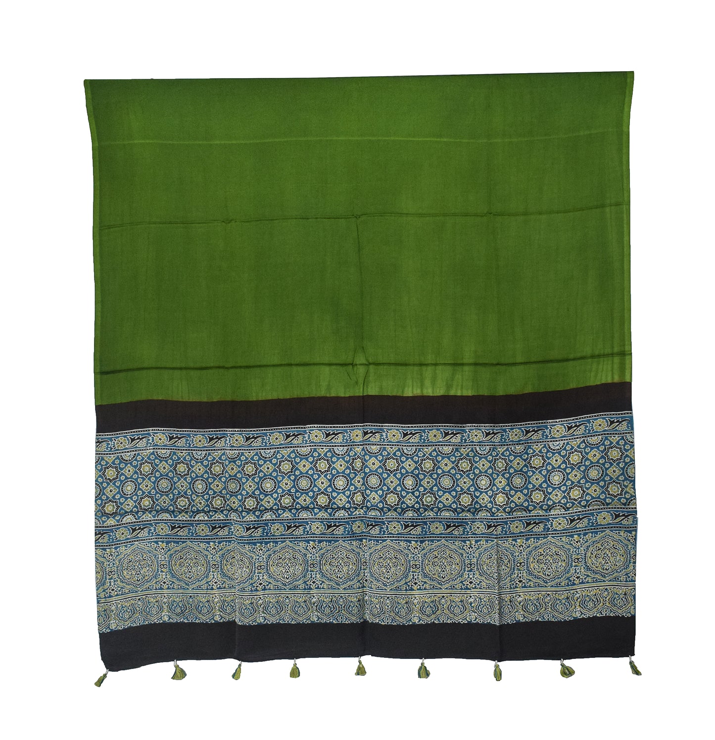 Ajrakh Modal Silk Part Natural Dye Half Plain Dyeing Hand Block Print Dupatta with Tassels - 2.5 Mtr Length    -  SKU : AI20104G