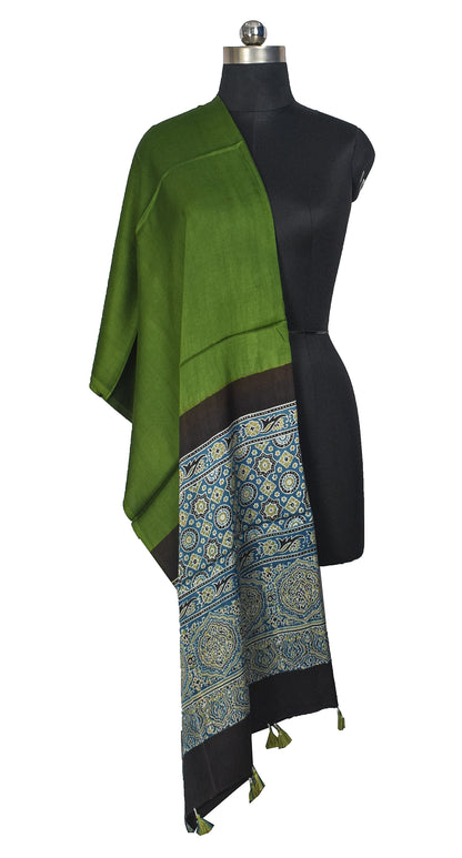 Ajrakh Modal Silk Part Natural Dye Half Plain Dyeing Hand Block Print Dupatta with Tassels - 2.5 Mtr Length    -  SKU : AI20104G