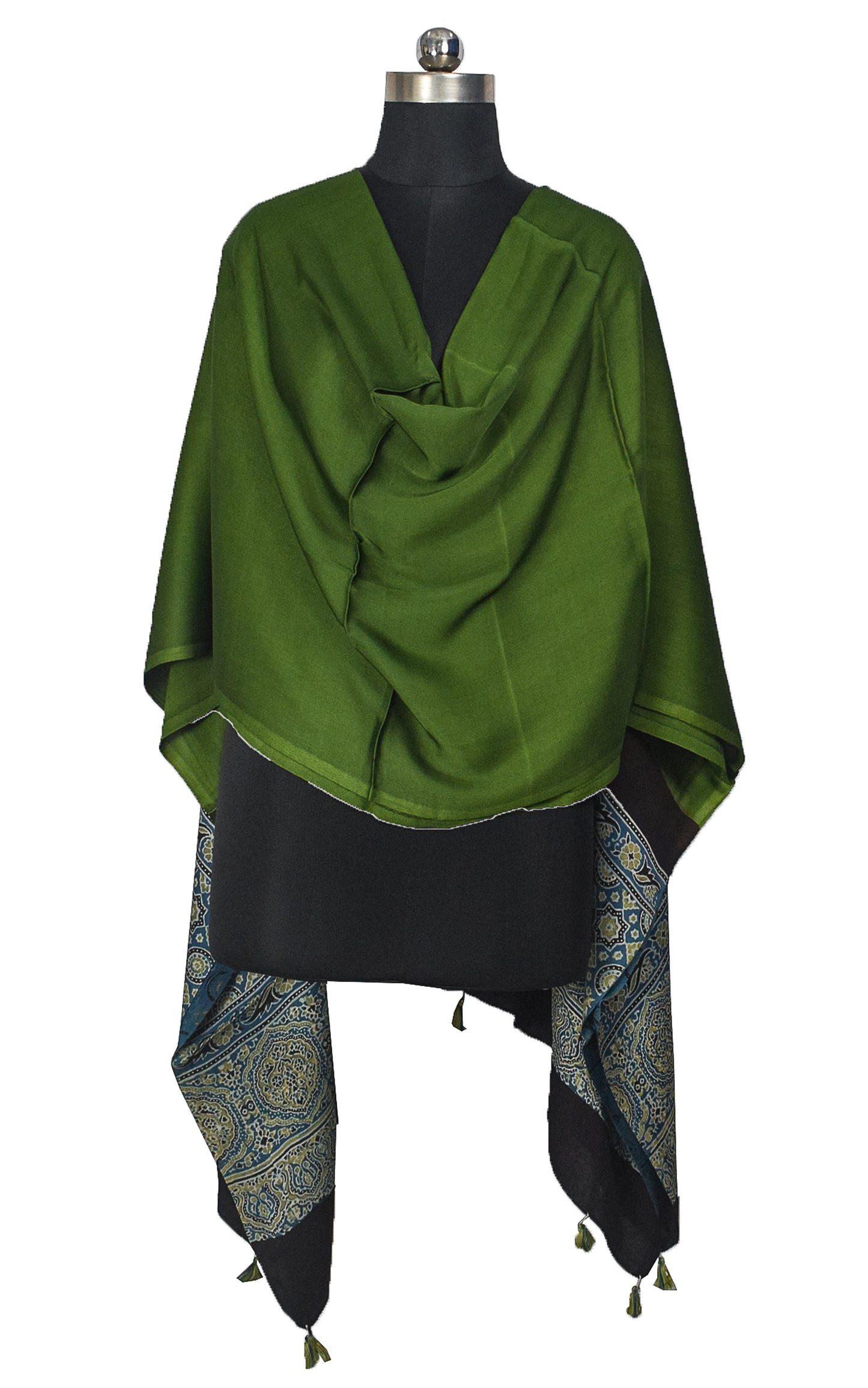 Ajrakh Modal Silk Part Natural Dye Half Plain Dyeing Hand Block Print Dupatta with Tassels - 2.5 Mtr Length    -  SKU : AI20104G