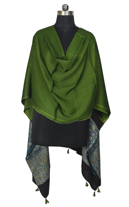 Ajrakh Modal Silk Part Natural Dye Half Plain Dyeing Hand Block Print Dupatta with Tassels - 2.5 Mtr Length    -  SKU : AI20104G
