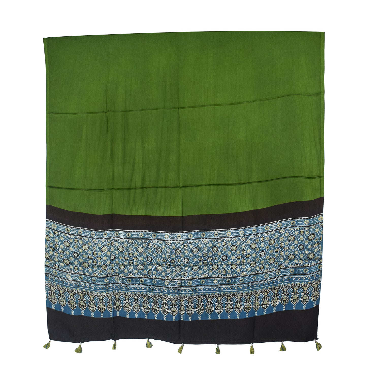 Ajrakh Modal Silk Part Natural Dye Half Plain Dyeing Hand Block Print Dupatta with Tassels - 2.5 Mtr Length    -  SKU : AI20104H