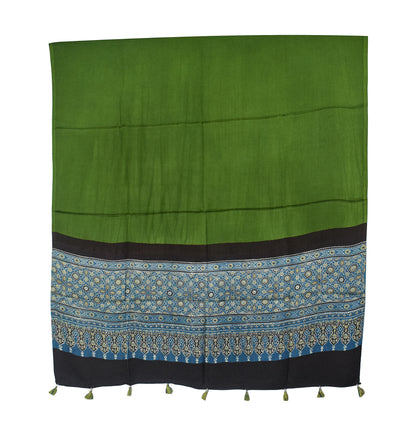 Ajrakh Modal Silk Part Natural Dye Half Plain Dyeing Hand Block Print Dupatta with Tassels - 2.5 Mtr Length    -  SKU : AI20104H