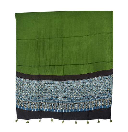 Ajrakh Modal Silk Part Natural Dye Half Plain Dyeing Hand Block Print Dupatta with Tassels - 2.5 Mtr Length    -  SKU : AI20104H