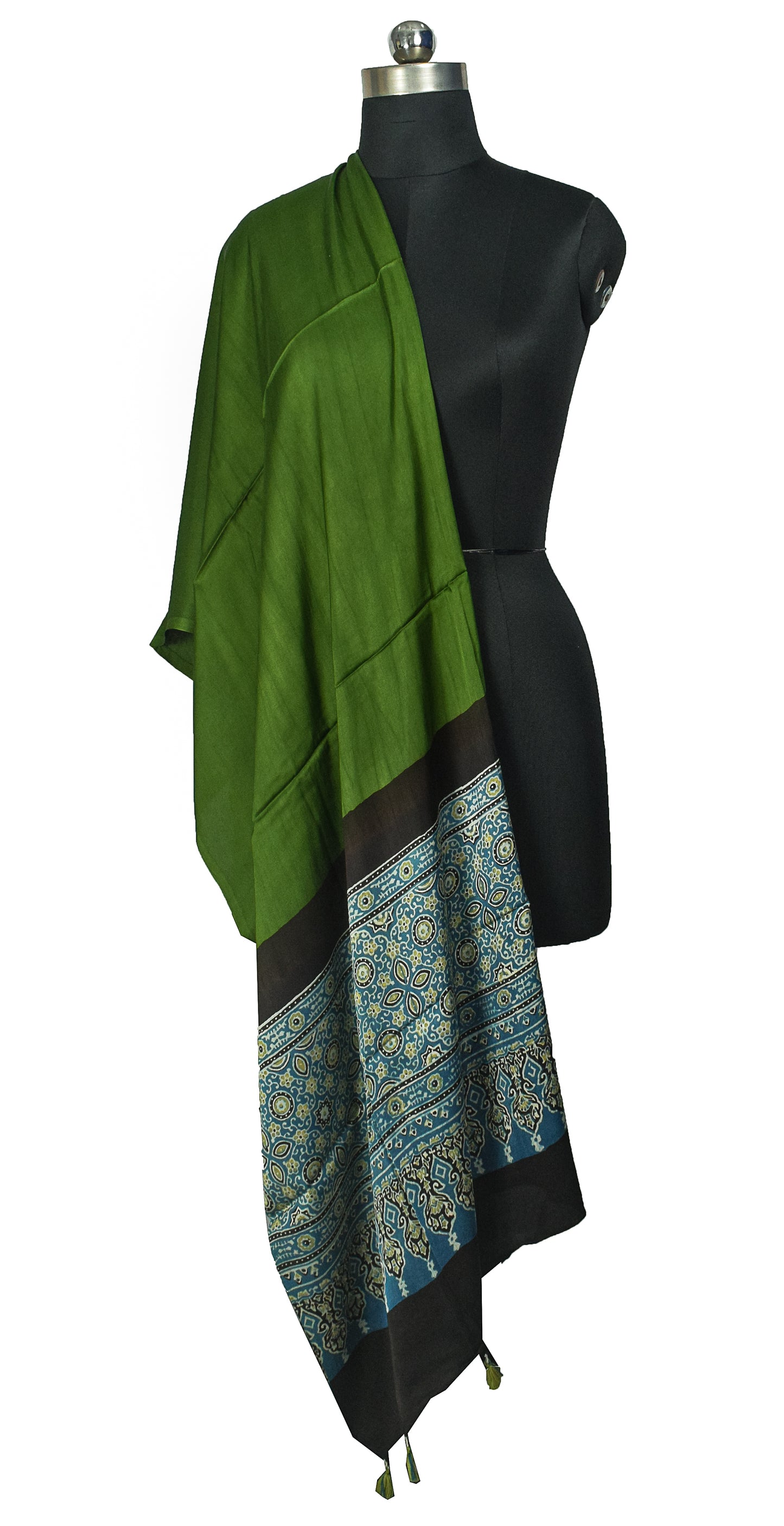 Ajrakh Modal Silk Part Natural Dye Half Plain Dyeing Hand Block Print Dupatta with Tassels - 2.5 Mtr Length    -  SKU : AI20104H