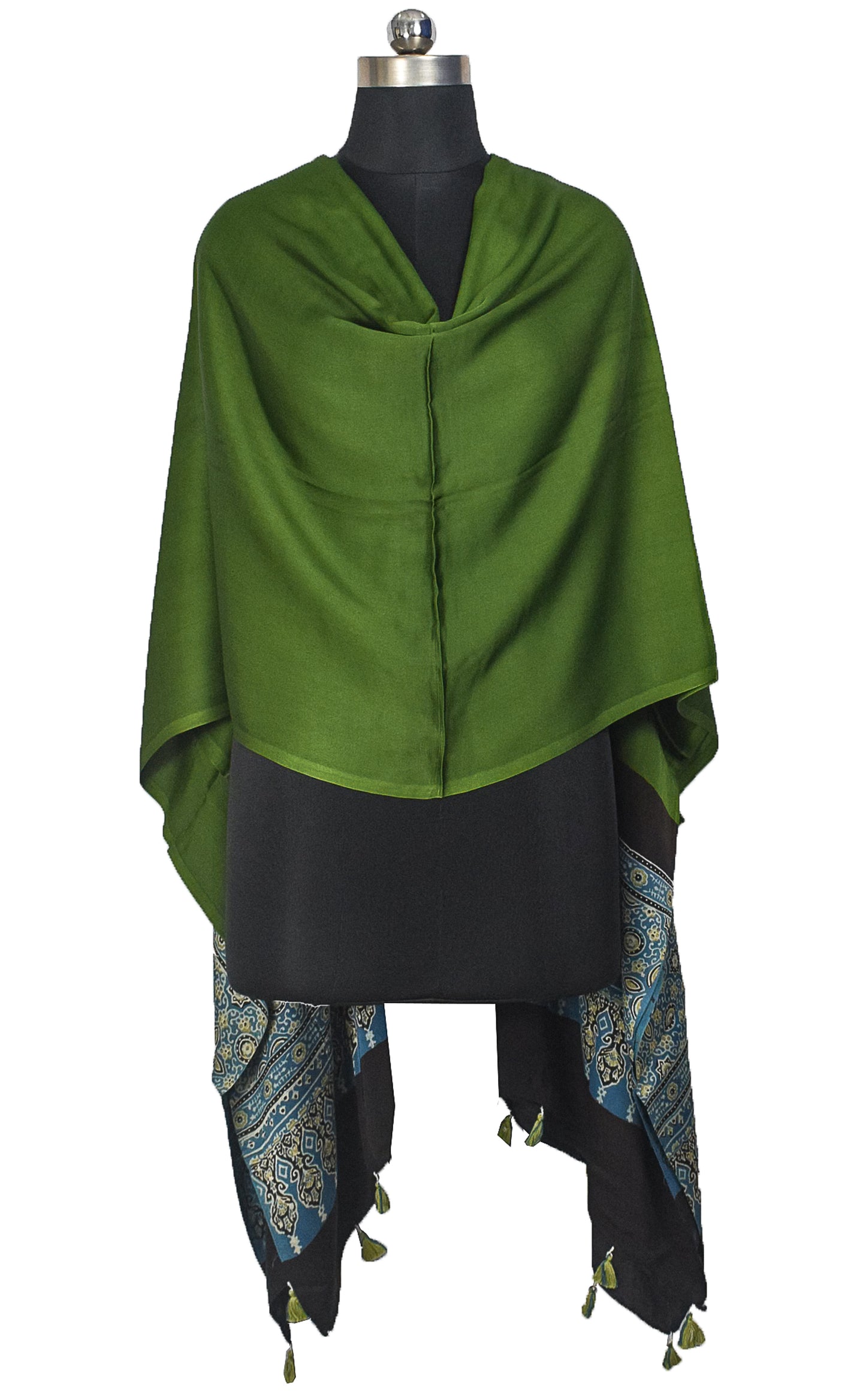 Ajrakh Modal Silk Part Natural Dye Half Plain Dyeing Hand Block Print Dupatta with Tassels - 2.5 Mtr Length    -  SKU : AI20104H
