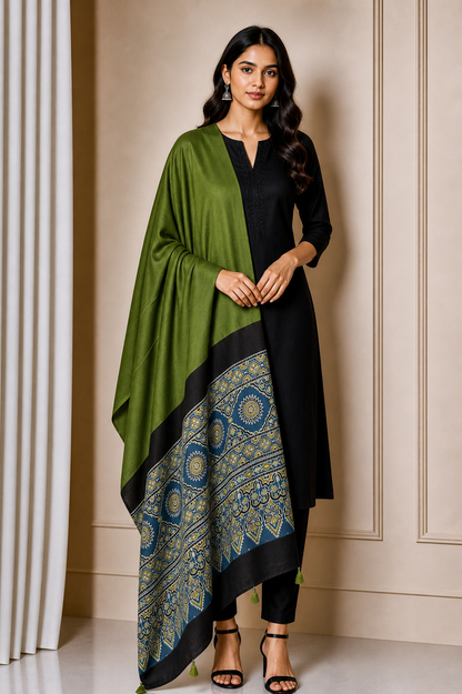 Ajrakh Modal Silk Part Natural Dye Half Plain Dyeing Hand Block Print Dupatta with Tassels - 2.5 Mtr Length    -  SKU : AI2014AF