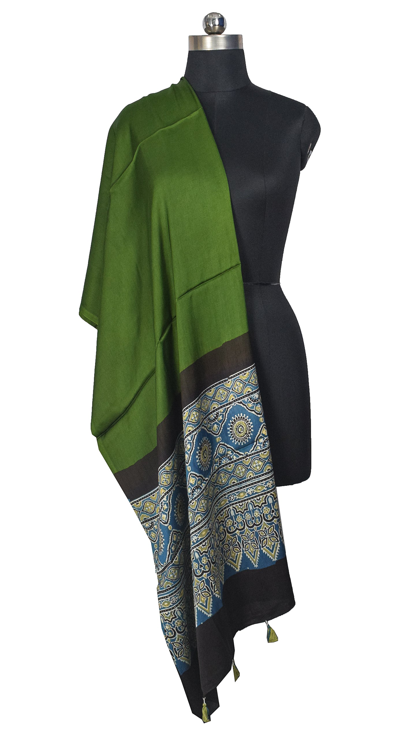 Ajrakh Modal Silk Part Natural Dye Half Plain Dyeing Hand Block Print Dupatta with Tassels - 2.5 Mtr Length    -  SKU : AI2014AF