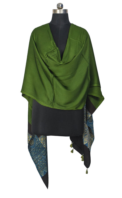Ajrakh Modal Silk Part Natural Dye Half Plain Dyeing Hand Block Print Dupatta with Tassels - 2.5 Mtr Length    -  SKU : AI2014AF
