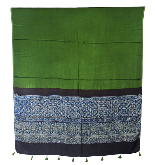 Ajrakh Modal Silk Part Natural Dye Half Plain Dyeing Hand Block Print Dupatta with Tassels - 2.5 Mtr Length    -  SKU : AI21701L