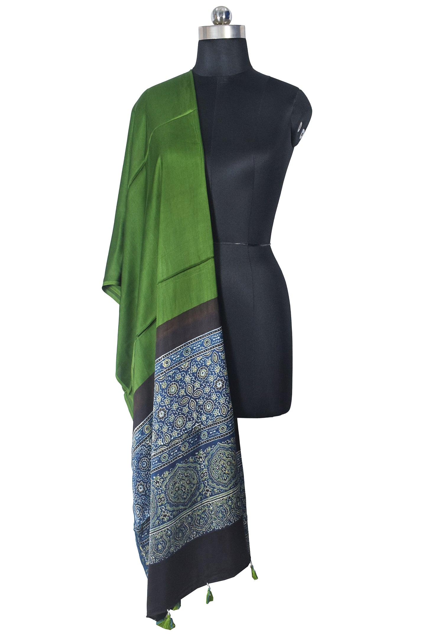 Ajrakh Modal Silk Part Natural Dye Half Plain Dyeing Hand Block Print Dupatta with Tassels - 2.5 Mtr Length    -  SKU : AI21701L