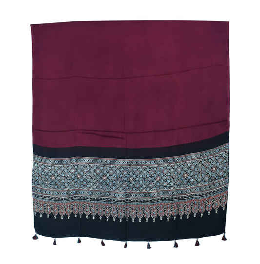 Ajrakh Modal Silk Part Natural Dye Half Plain Dyeing Hand Block Print Dupatta with Tassels - 2.5 Mtr Length    -  SKU : AI20104A