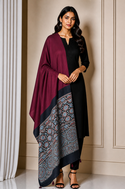 Ajrakh Modal Silk Part Natural Dye Half Plain Dyeing Hand Block Print Dupatta with Tassels - 2.5 Mtr Length    -  SKU : AI20104B