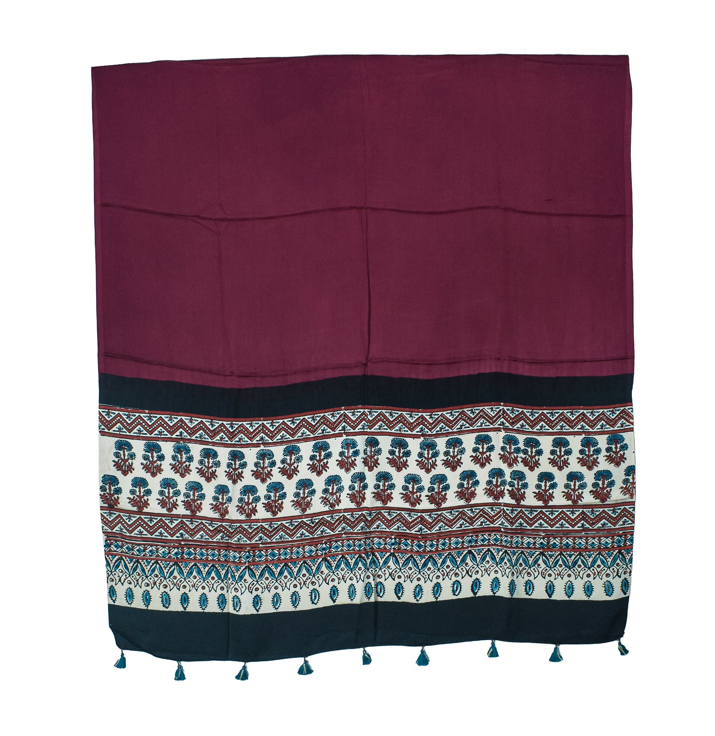 Ajrakh Modal Silk Part Natural Dye Half Plain Dyeing Hand Block Print Dupatta with Tassels - 2.5 Mtr Length    -  SKU : AI20104T