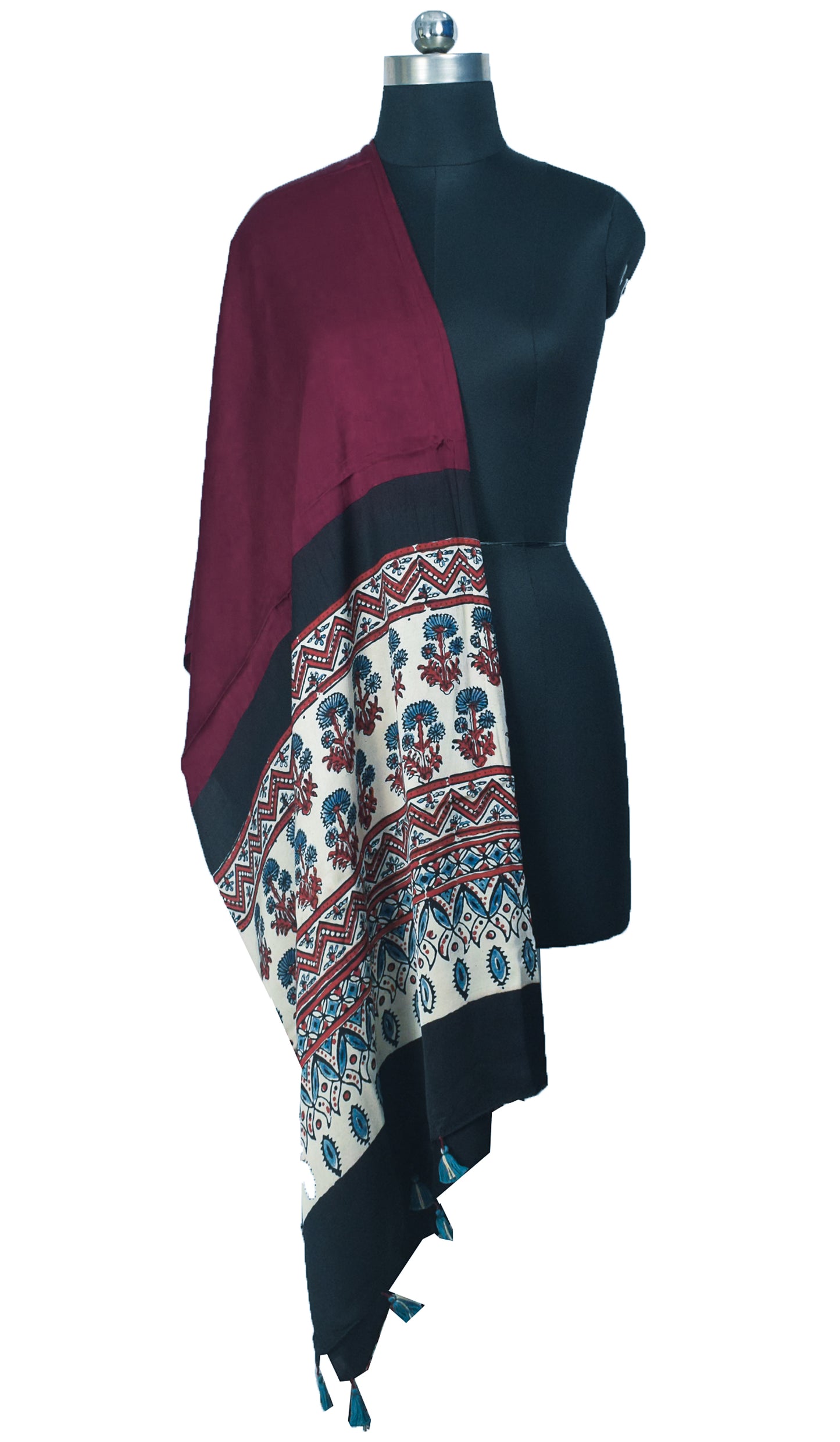 Ajrakh Modal Silk Part Natural Dye Half Plain Dyeing Hand Block Print Dupatta with Tassels - 2.5 Mtr Length    -  SKU : AI20104T