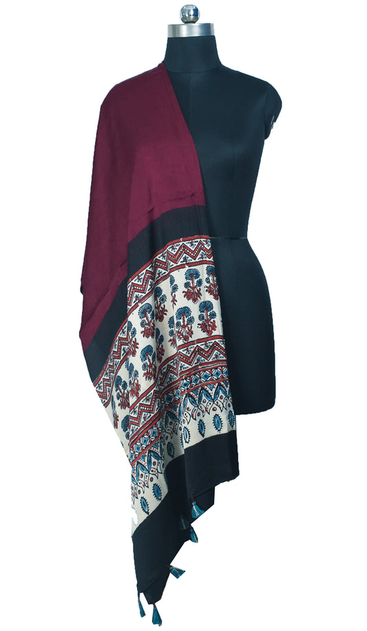Ajrakh Modal Silk Part Natural Dye Half Plain Dyeing Hand Block Print Dupatta with Tassels - 2.5 Mtr Length    -  SKU : AI20104T
