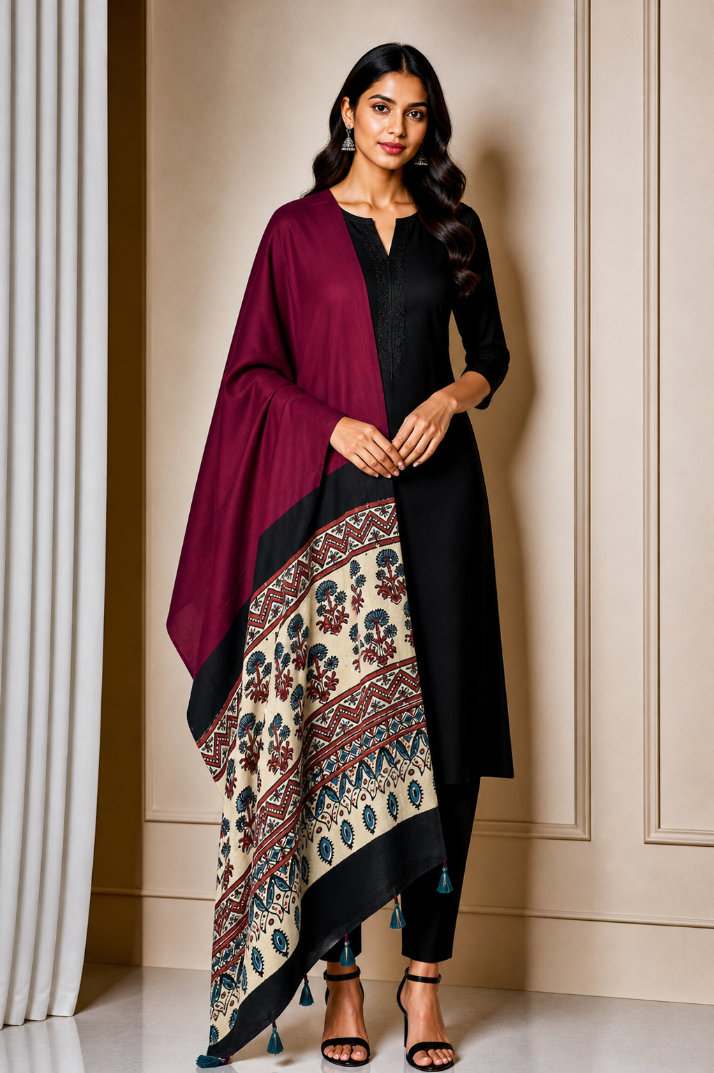 Ajrakh Modal Silk Part Natural Dye Half Plain Dyeing Hand Block Print Dupatta with Tassels - 2.5 Mtr Length    -  SKU : AI20104T