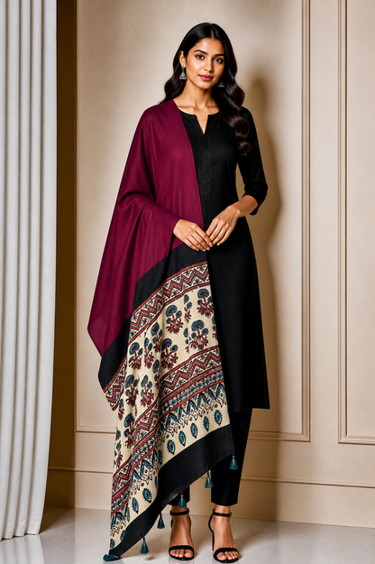 Ajrakh Modal Silk Part Natural Dye Half Plain Dyeing Hand Block Print Dupatta with Tassels - 2.5 Mtr Length    -  SKU : AI20104T