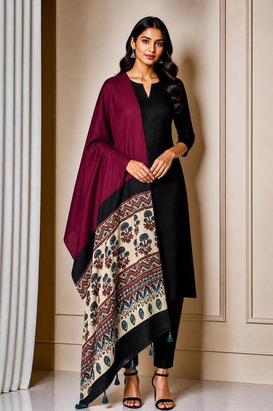 Ajrakh Modal Silk Part Natural Dye Half Plain Dyeing Hand Block Print Dupatta with Tassels - 2.5 Mtr Length    -  SKU : AI20104T