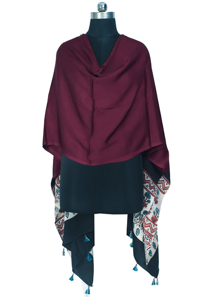 Ajrakh Modal Silk Part Natural Dye Half Plain Dyeing Hand Block Print Dupatta with Tassels - 2.5 Mtr Length    -  SKU : AI20104T