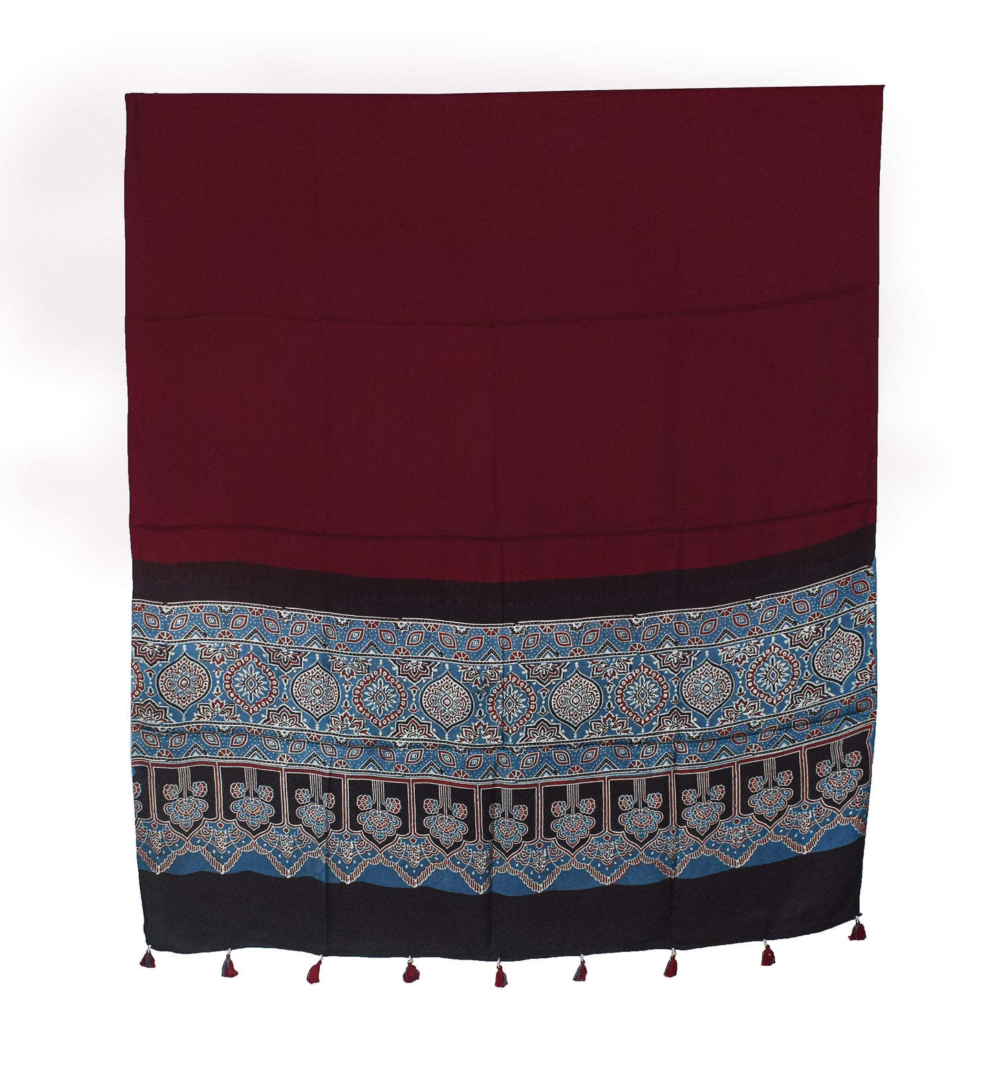 Ajrakh Modal Silk Part Natural Dye Half Plain Dyeing Hand Block Print Dupatta with Tassels - 2.5 Mtr Length    -  SKU : AI20104I