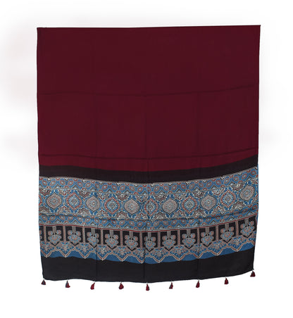 Ajrakh Modal Silk Part Natural Dye Half Plain Dyeing Hand Block Print Dupatta with Tassels - 2.5 Mtr Length    -  SKU : AI20104I