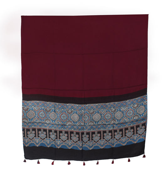 Ajrakh Modal Silk Part Natural Dye Half Plain Dyeing Hand Block Print Dupatta with Tassels - 2.5 Mtr Length    -  SKU : AI20104I