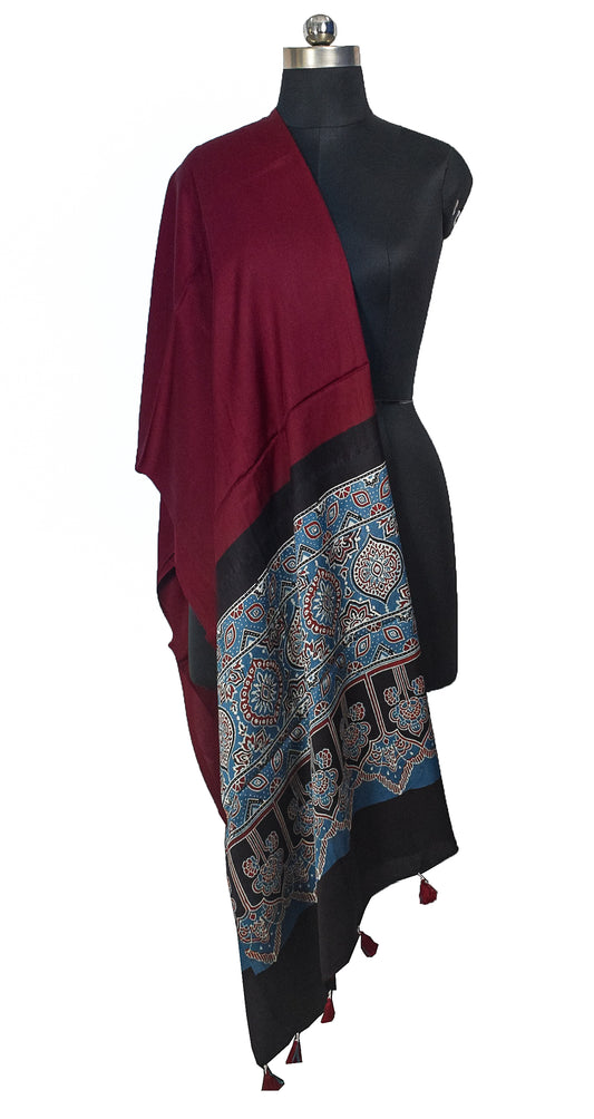 Ajrakh Modal Silk Part Natural Dye Half Plain Dyeing Hand Block Print Dupatta with Tassels - 2.5 Mtr Length    -  SKU : AI20104I