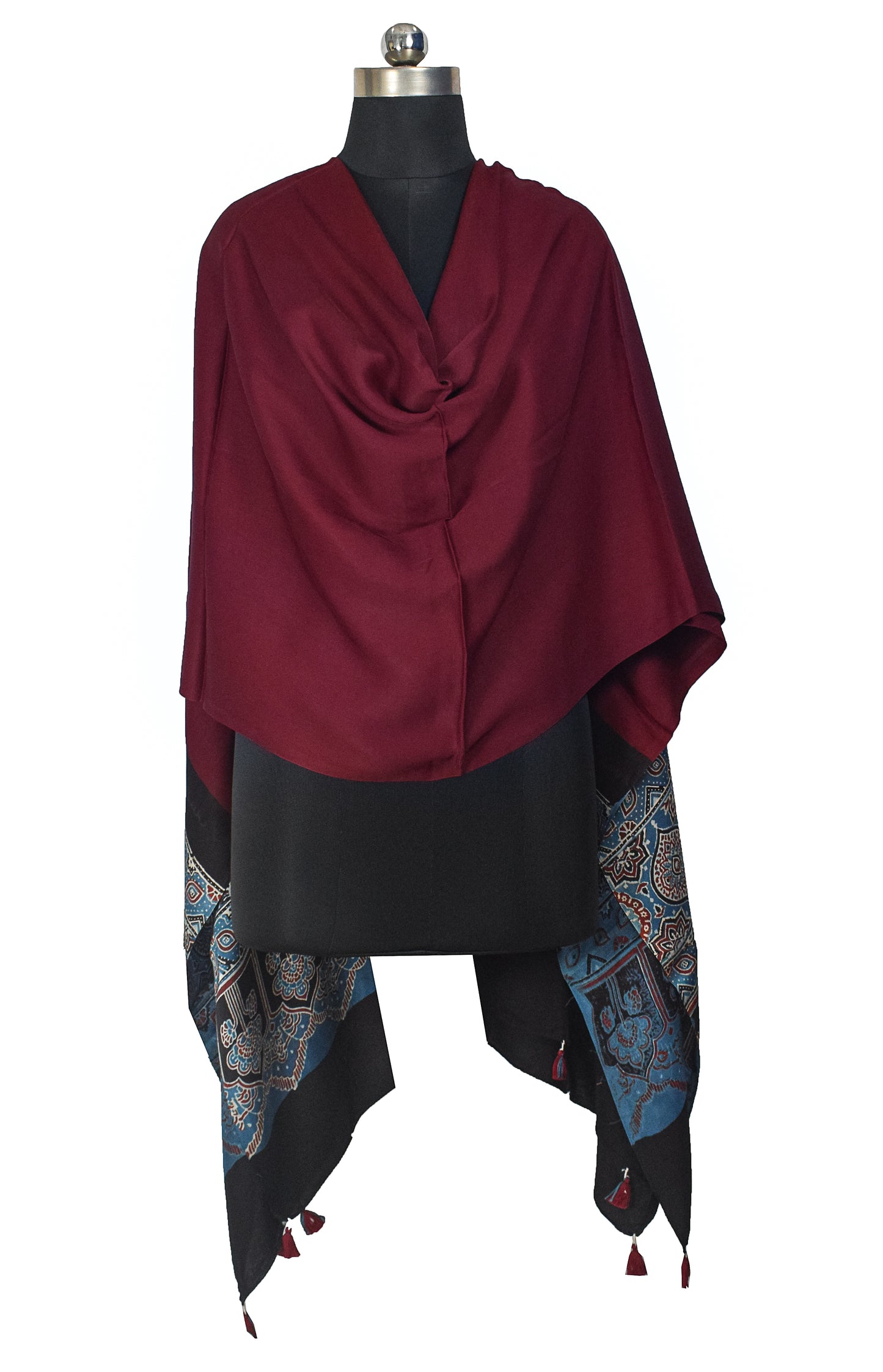 Ajrakh Modal Silk Part Natural Dye Half Plain Dyeing Hand Block Print Dupatta with Tassels - 2.5 Mtr Length    -  SKU : AI20104I