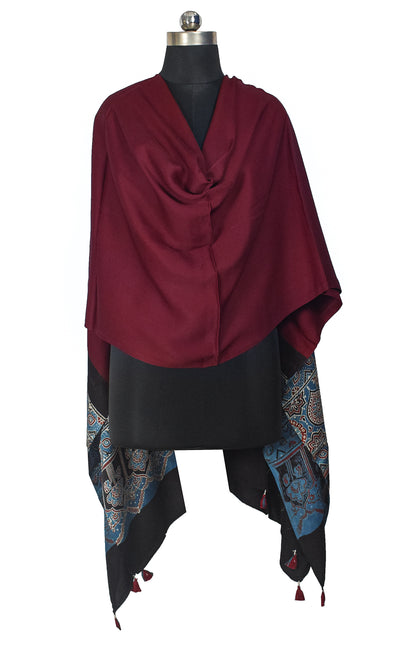 Ajrakh Modal Silk Part Natural Dye Half Plain Dyeing Hand Block Print Dupatta with Tassels - 2.5 Mtr Length    -  SKU : AI20104I