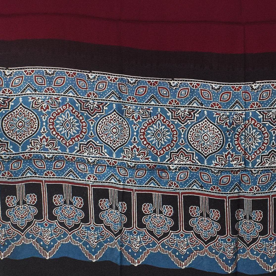 Ajrakh Modal Silk Part Natural Dye Half Plain Dyeing Hand Block Print Dupatta with Tassels - 2.5 Mtr Length    -  SKU : AI20104I