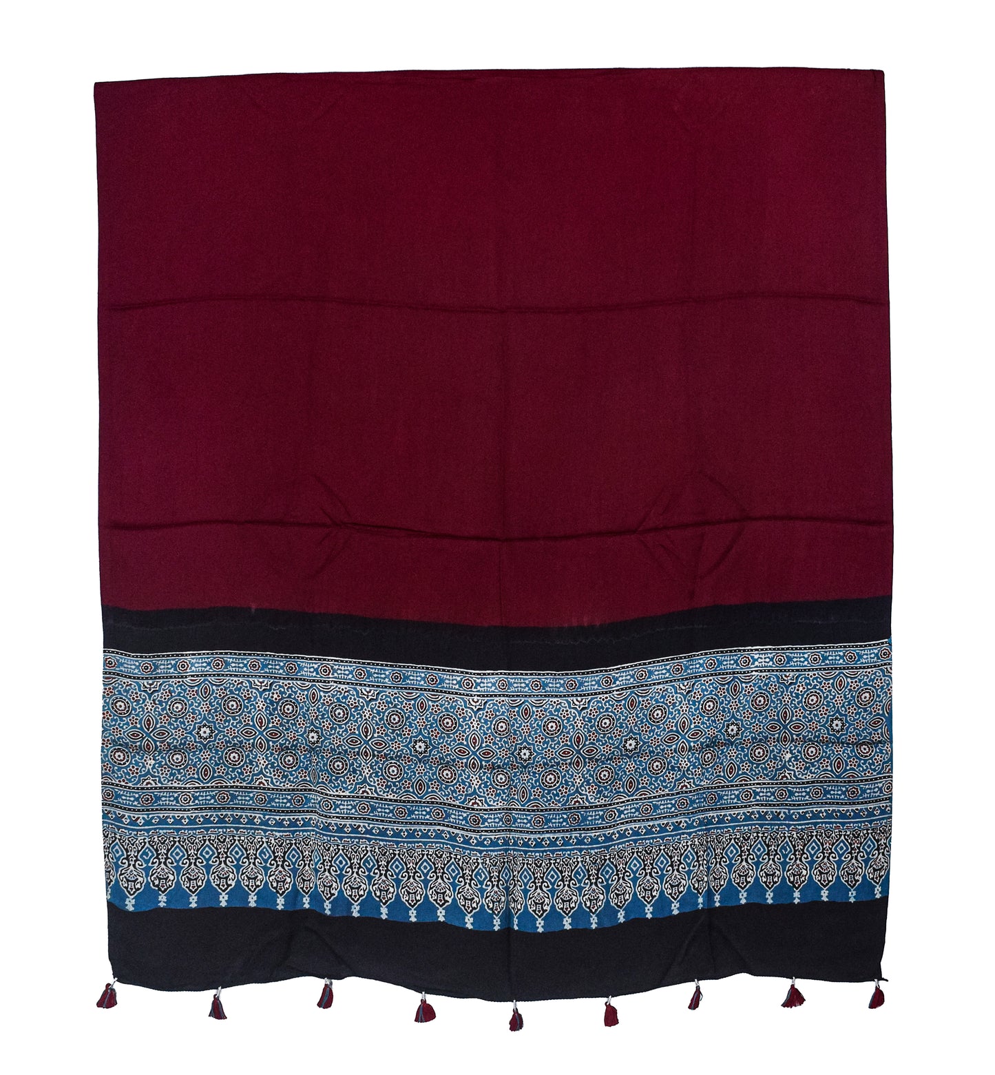Ajrakh Modal Silk Part Natural Dye Half Plain Dyeing Hand Block Print Dupatta with Tassels - 2.5 Mtr Length    -  SKU : AI20104K