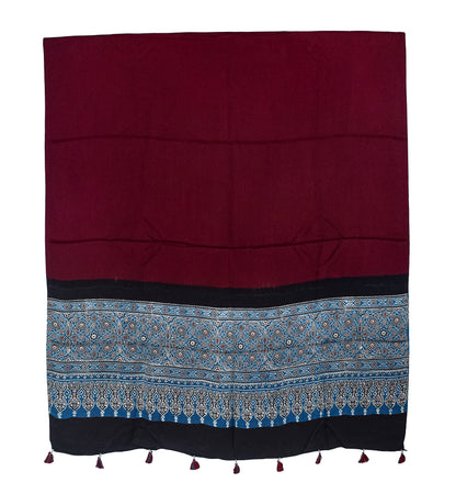 Ajrakh Modal Silk Part Natural Dye Half Plain Dyeing Hand Block Print Dupatta with Tassels - 2.5 Mtr Length    -  SKU : AI20104K