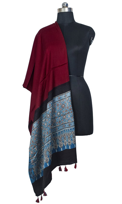 Ajrakh Modal Silk Part Natural Dye Half Plain Dyeing Hand Block Print Dupatta with Tassels - 2.5 Mtr Length    -  SKU : AI20104K