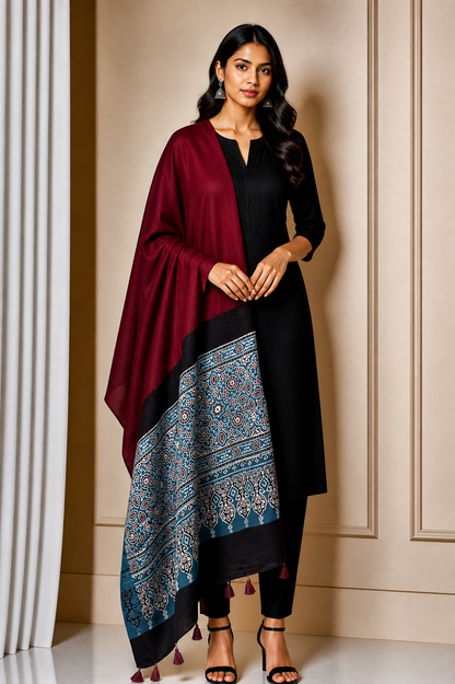 Ajrakh Modal Silk Part Natural Dye Half Plain Dyeing Hand Block Print Dupatta with Tassels - 2.5 Mtr Length    -  SKU : AI20104K