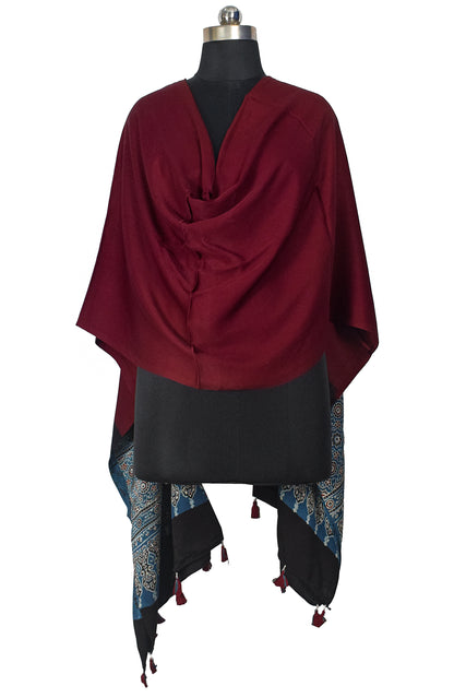 Ajrakh Modal Silk Part Natural Dye Half Plain Dyeing Hand Block Print Dupatta with Tassels - 2.5 Mtr Length    -  SKU : AI20104K