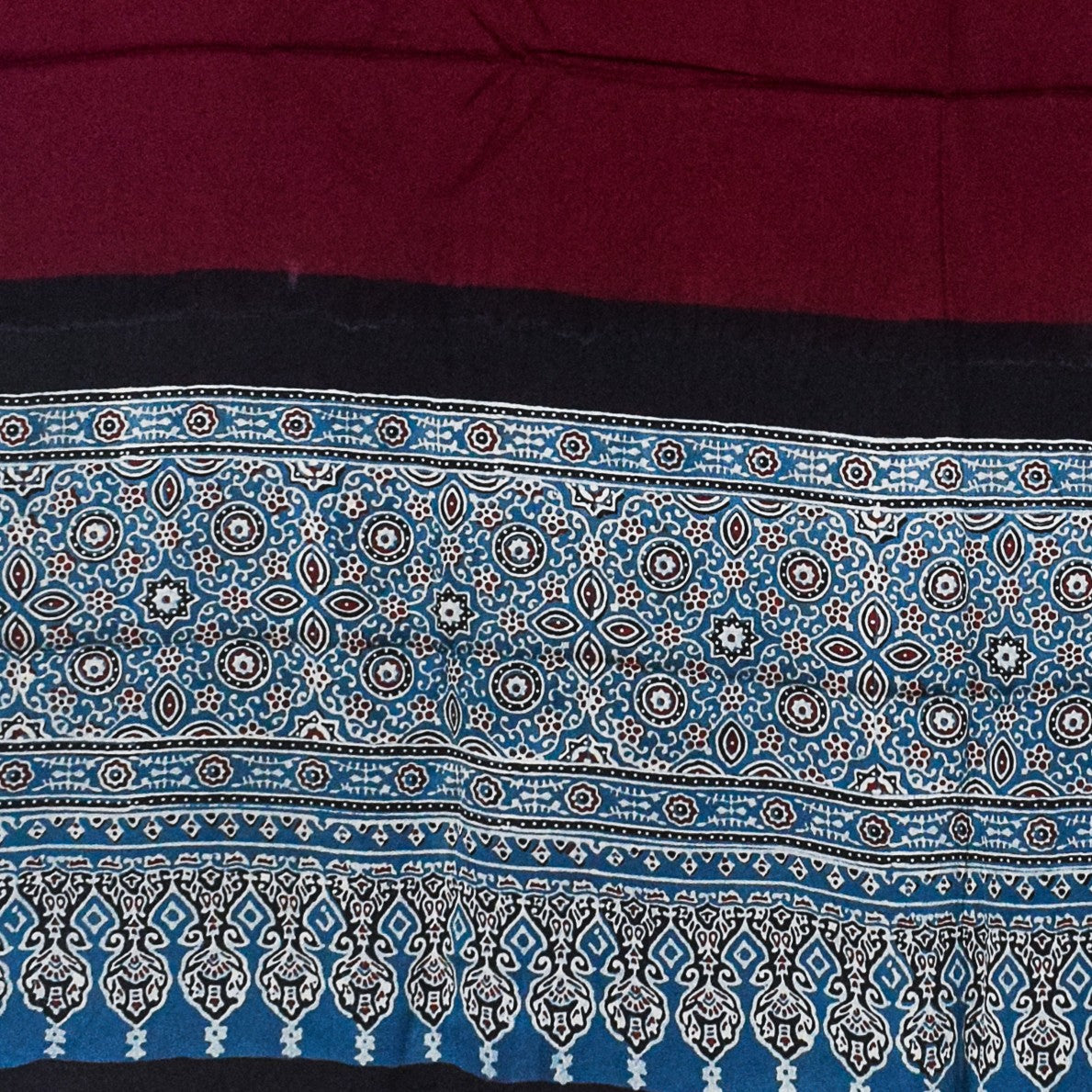 Ajrakh Modal Silk Part Natural Dye Half Plain Dyeing Hand Block Print Dupatta with Tassels - 2.5 Mtr Length    -  SKU : AI20104K