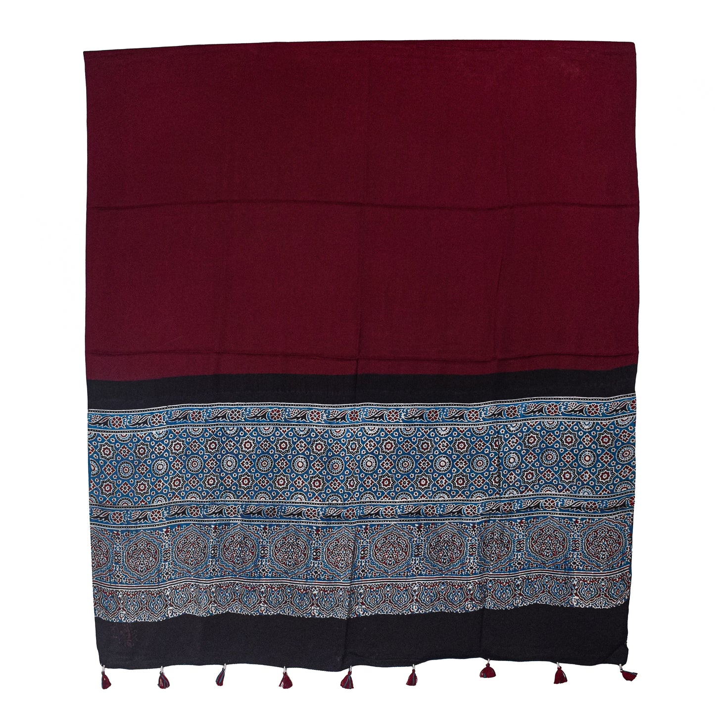 Ajrakh Modal Silk Part Natural Dye Half Plain Dyeing Hand Block Print Dupatta with Tassels - 2.5 Mtr Length    -  SKU : AI20104L