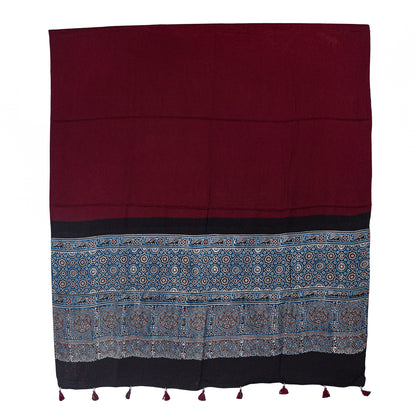 Ajrakh Modal Silk Part Natural Dye Half Plain Dyeing Hand Block Print Dupatta with Tassels - 2.5 Mtr Length    -  SKU : AI20104L