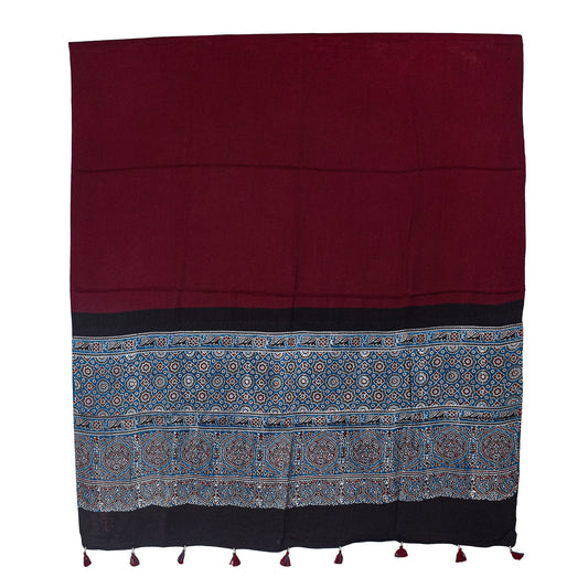 Ajrakh Modal Silk Part Natural Dye Half Plain Dyeing Hand Block Print Dupatta with Tassels - 2.5 Mtr Length    -  SKU : AI20104L
