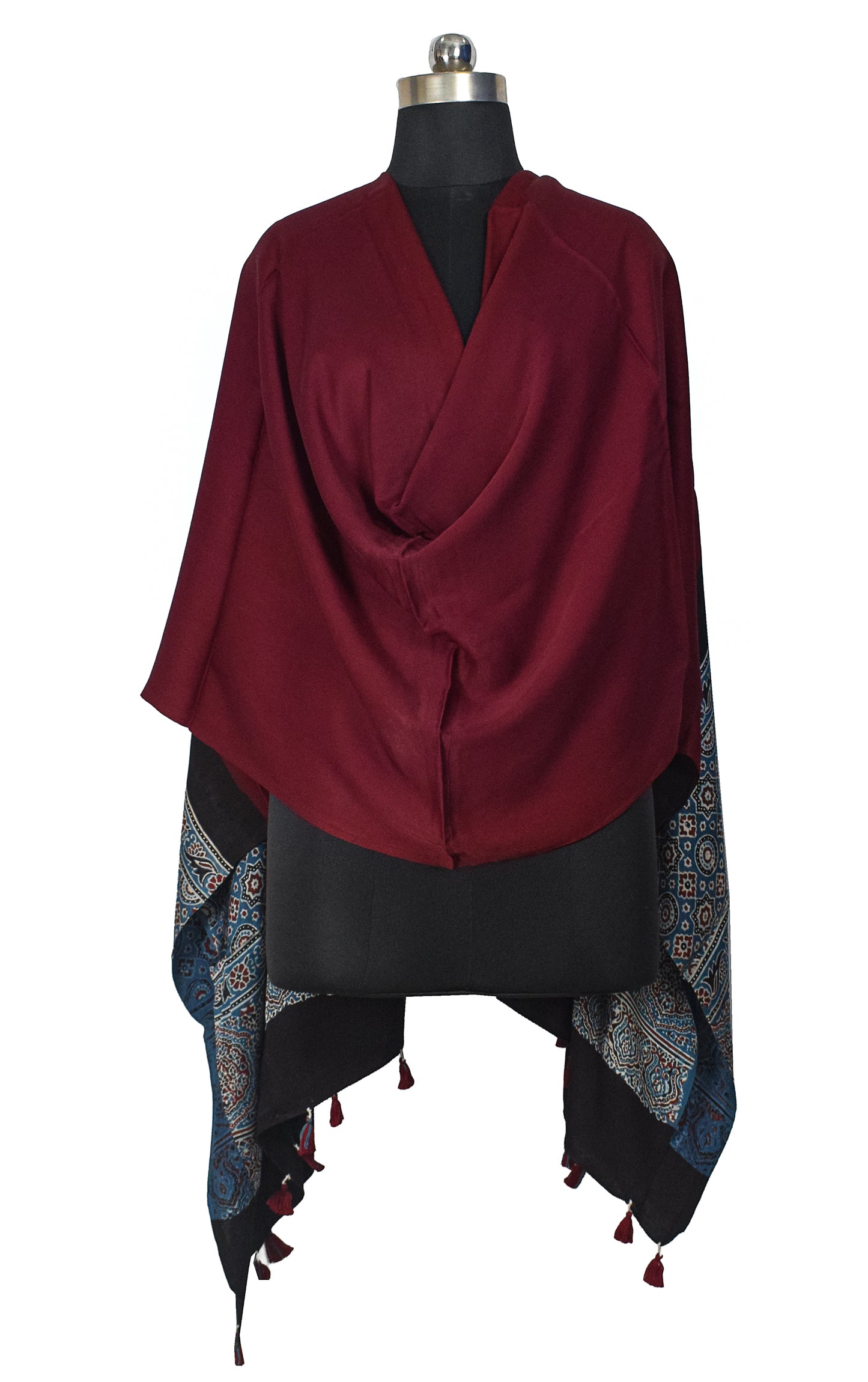 Ajrakh Modal Silk Part Natural Dye Half Plain Dyeing Hand Block Print Dupatta with Tassels - 2.5 Mtr Length    -  SKU : AI20104L