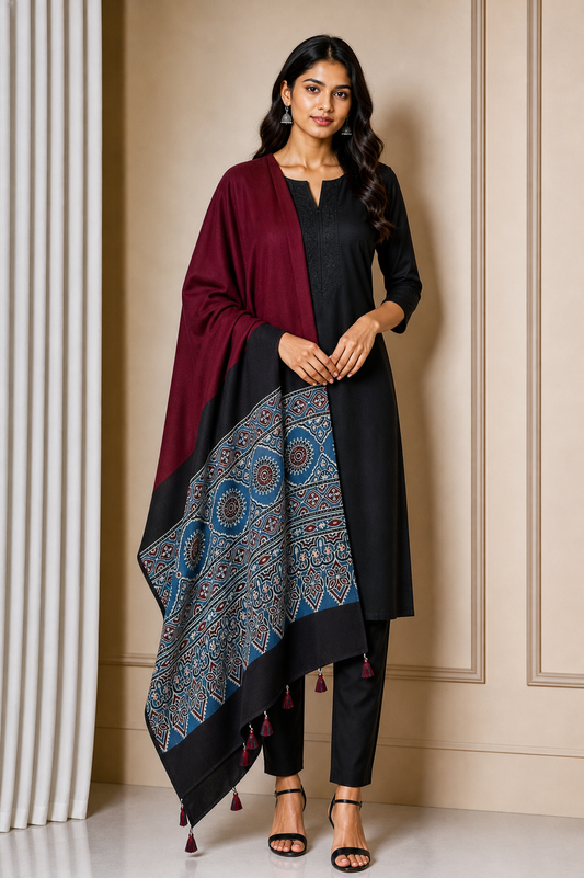 Ajrakh Modal Silk Part Natural Dye Half Plain Dyeing Hand Block Print Dupatta with Tassels - 2.5 Mtr Length    -  SKU : AI20104Y