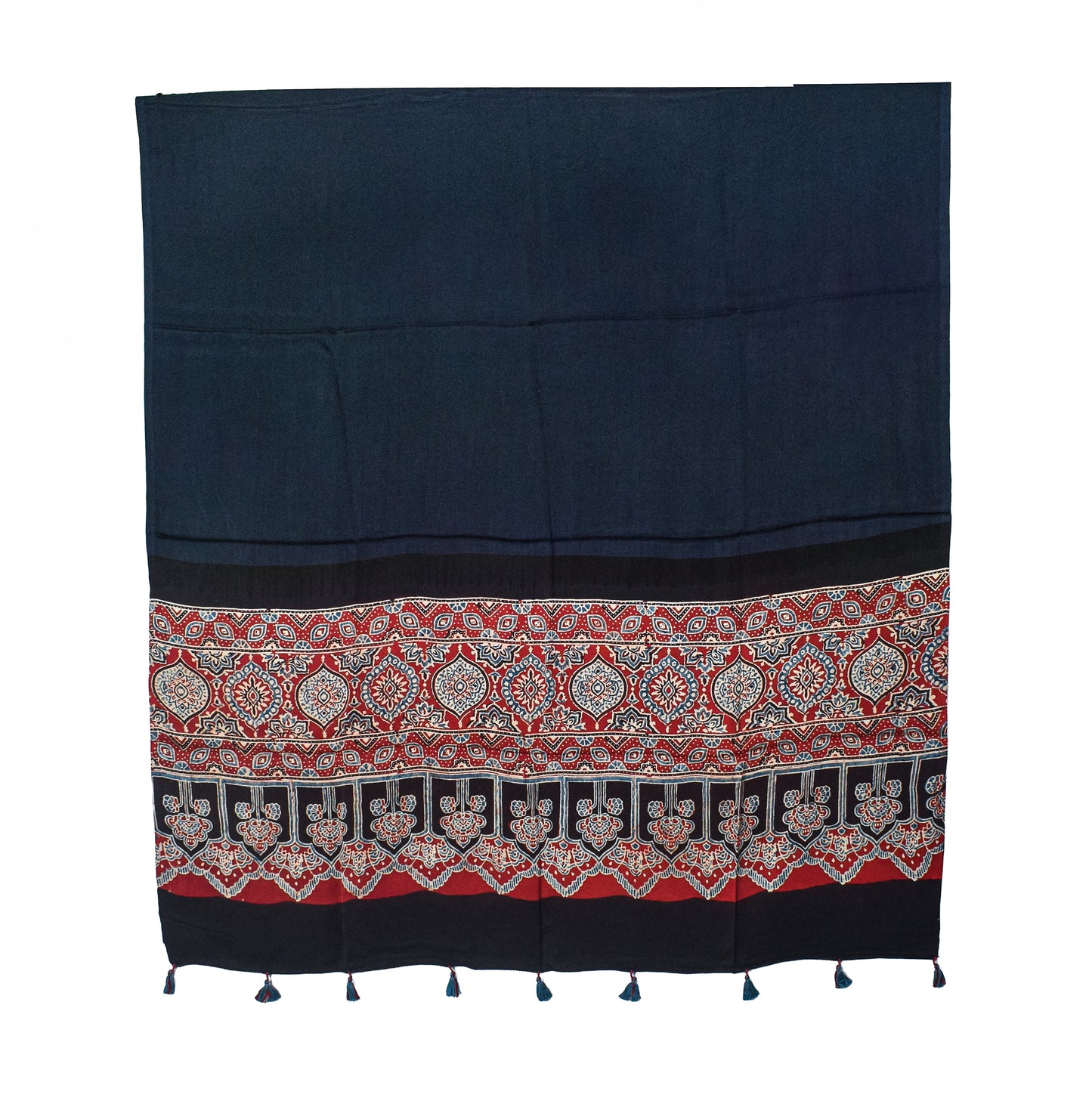 Ajrakh Modal Silk Part Natural Dye Half Plain Dyeing Hand Block Print Dupatta with Tassels - 2.5 Mtr Length    -  SKU : AI20104X