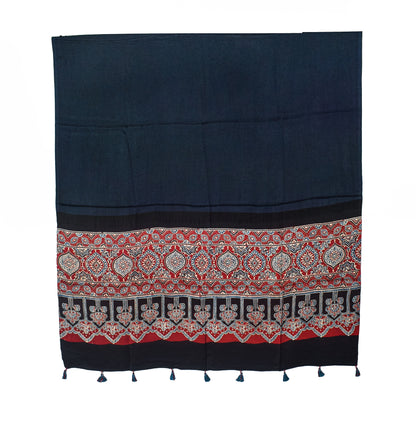 Ajrakh Modal Silk Part Natural Dye Half Plain Dyeing Hand Block Print Dupatta with Tassels - 2.5 Mtr Length    -  SKU : AI20104X