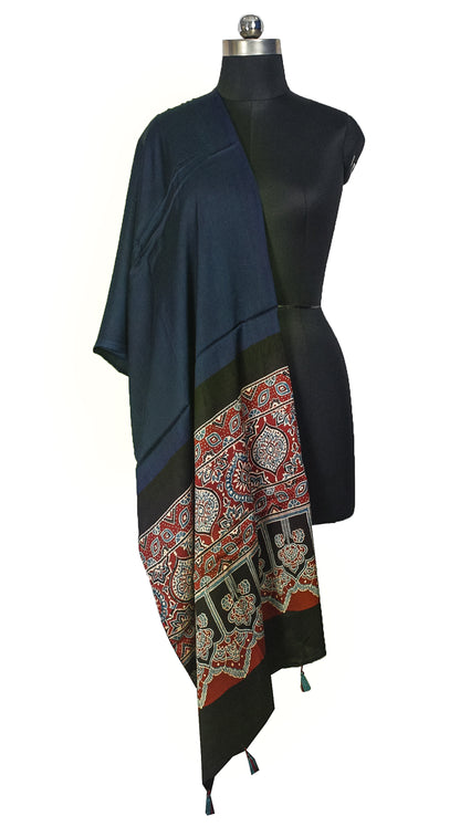 Ajrakh Modal Silk Part Natural Dye Half Plain Dyeing Hand Block Print Dupatta with Tassels - 2.5 Mtr Length    -  SKU : AI20104X