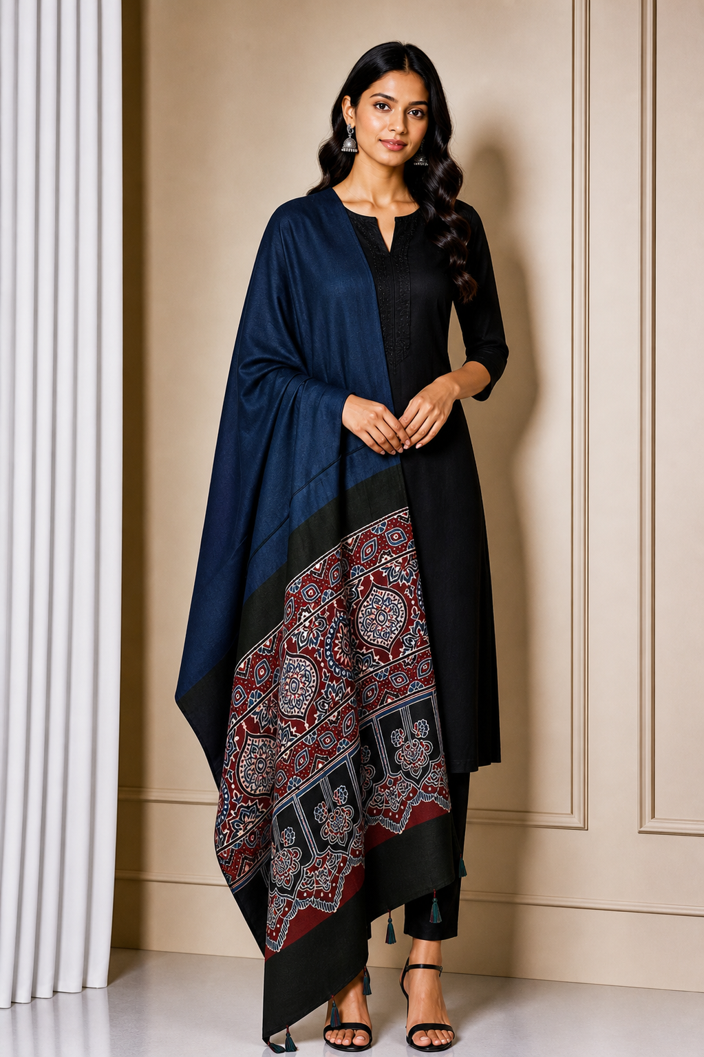 Ajrakh Modal Silk Part Natural Dye Half Plain Dyeing Hand Block Print Dupatta with Tassels - 2.5 Mtr Length    -  SKU : AI20104X