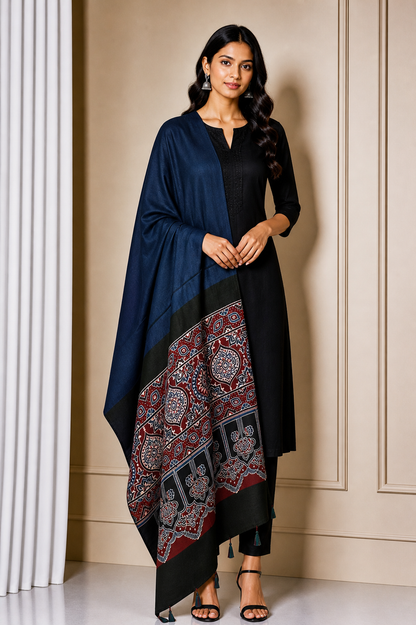 Ajrakh Modal Silk Part Natural Dye Half Plain Dyeing Hand Block Print Dupatta with Tassels - 2.5 Mtr Length    -  SKU : AI20104X