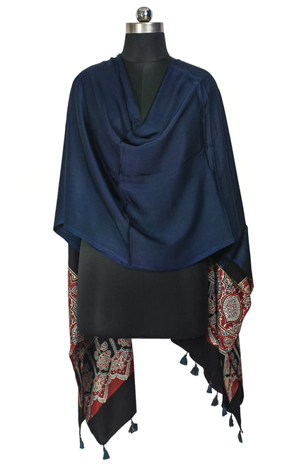 Ajrakh Modal Silk Part Natural Dye Half Plain Dyeing Hand Block Print Dupatta with Tassels - 2.5 Mtr Length    -  SKU : AI20104X