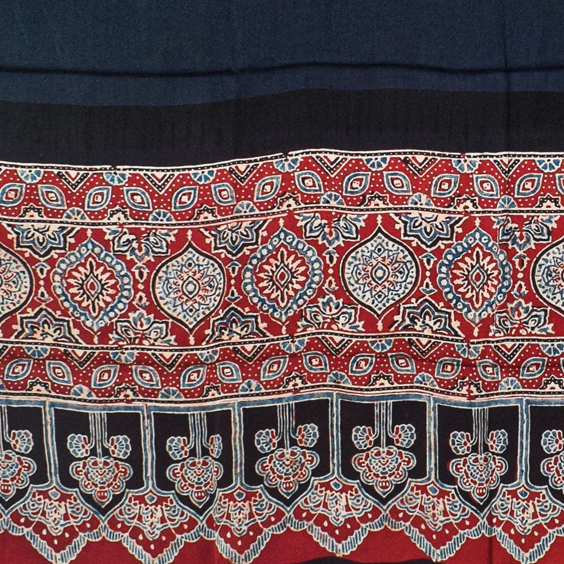 Ajrakh Modal Silk Part Natural Dye Half Plain Dyeing Hand Block Print Dupatta with Tassels - 2.5 Mtr Length    -  SKU : AI20104X