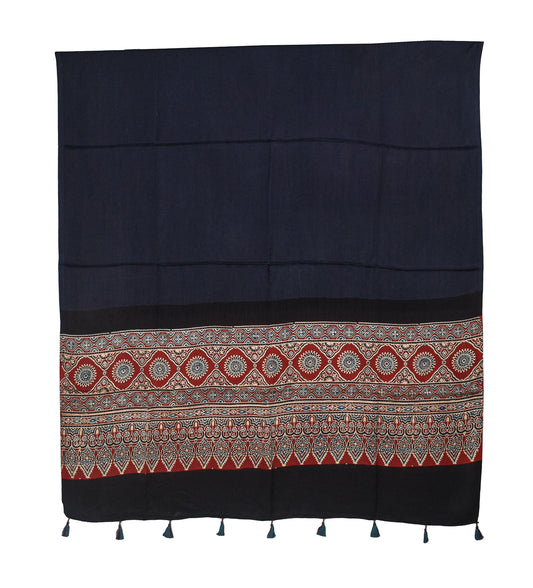 Ajrakh Modal Silk Part Natural Dye Half Plain Dyeing Hand Block Print Dupatta with Tassels - 2.5 Mtr Length    -  SKU : AI2014AA